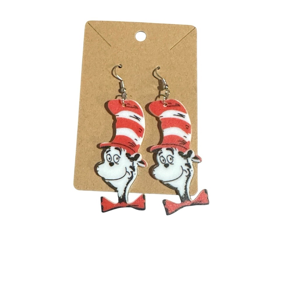 Cat Hat Dangle Earrings Red White Acrylic Teacher Gift Drop